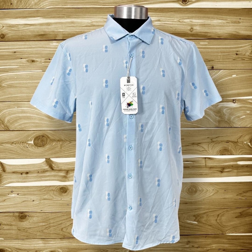 Essex Crossing Hawaiian Aloha Shirt Pineapple Blue‎ Stretch Tropical size L NWT